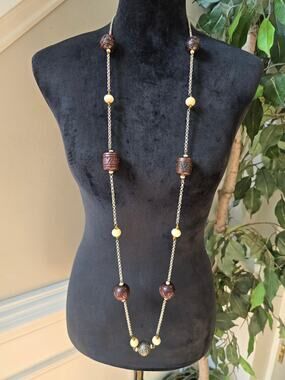 Brown Cream Long Beaded Station Necklace